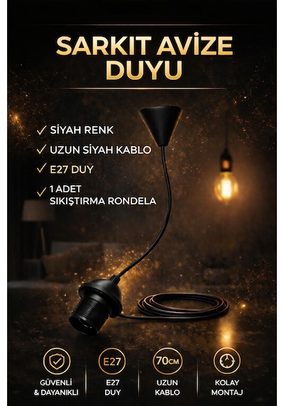 Kablolu Sarkıt Avize E27 Duy Tesisatı Askı Takımı Siyah Renk 1 Adet