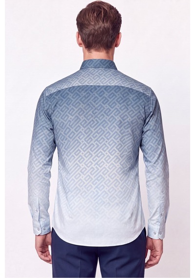 Slim Fit Düğme Yaka Desenli Mavi Gömlek G 1611