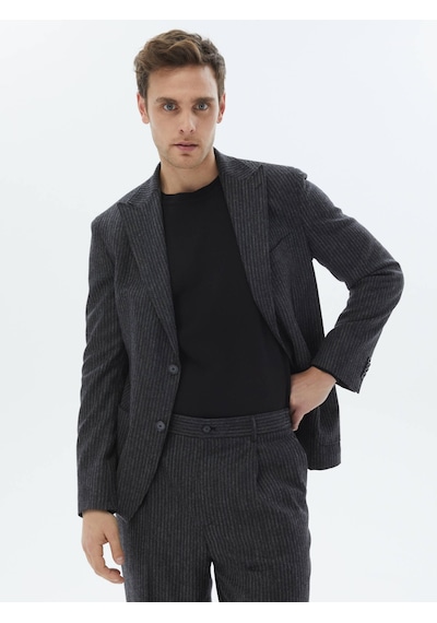 Kip Antrasit Çizgili Modern Fit Yün Karışımlı Takım Elbise Çok Renkli