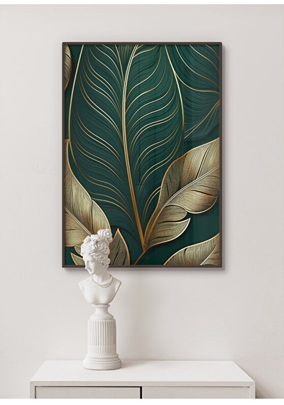 Tablo Ahşap Çerçeveli Tablo Çerçeveli Poster Altın Ve Yeşil Yapraklı Tablo, Çiçek Temalı Tablo