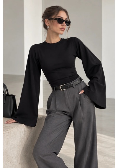 Bb Butik Basic Kadın İspanyol Kol Fit Bluz Zg3535 siyah