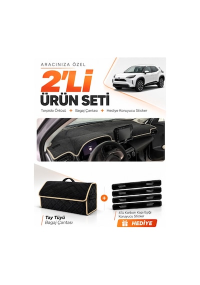 E-biz Toyota Yaris Cross 2022-2025 Uyumlu Torpido Örtüsü + Tay Tüyü Çanta - Siyah-bej - To029