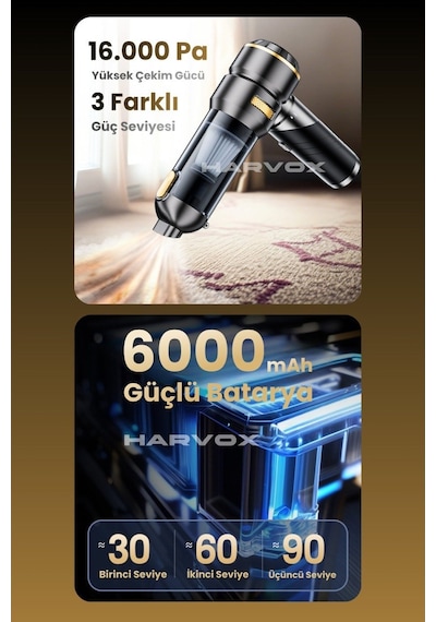 Bagajon Harvox 18.000 Pa Güçlü Profesyonel Araç Süpürgesi I6000 Mah Batarya Taşınabilir,üflemeli, Çantalı Gri-kahve