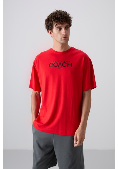 Tommy Life Fiesta Pamuklu Kalın Yumuşak Dokulu Oversize Fit Baskılı Erkek T-shirt - 88329 Kirmizi