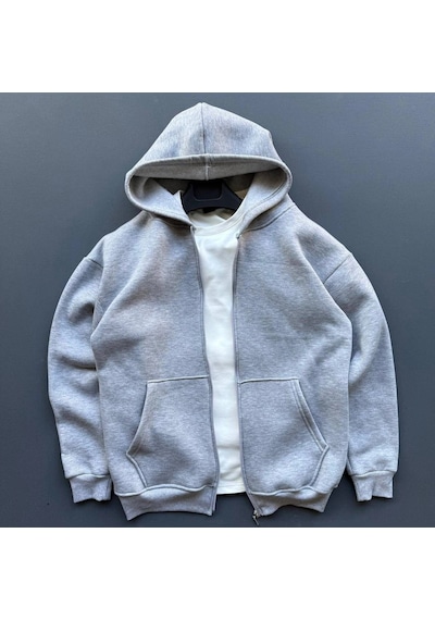Moda Kadın 3 İplik Şardonlu Tam Fermuarlı Kapüşonlu Arka Çanta Detaylı Sweatshirt - Gri Çok Renkli