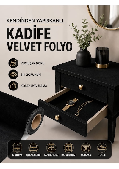 Kendinden Yapışkanlı 19,5cm X 1 Metre Siyah Süet Kadife Velvet Folyo