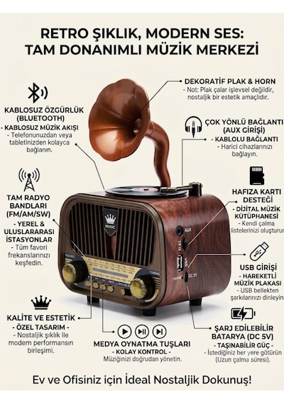 Dexxony Md-1319 Nostaljik Radyo Gramofon Bluetooth Hoparlör Ahşap Tasarım