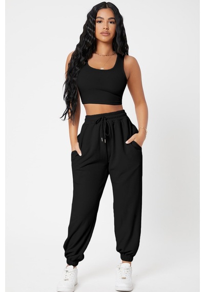 Moda Dua Kadın Siyah Kaşkorse Cepli Jogger Eşofman Altı Ve Crop Top Bluz
