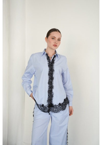 Verymoda Dantel Detaylı Çizgili Gömlek - F2082 Mavi