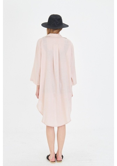 Armonika Kadın Bej Önden Bağlamalı İnce Keten Kumaş Midi Boy Kimono Gömlek Arm-24y001081