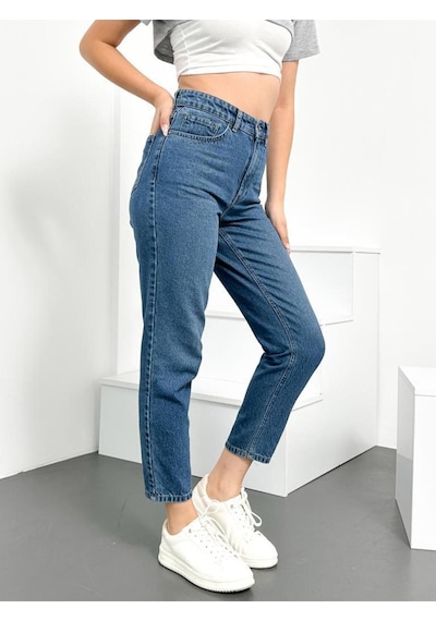 Açık Mavi Kadın Mom Jean Yüksek Bel Kot Pantolon Anna Model 001