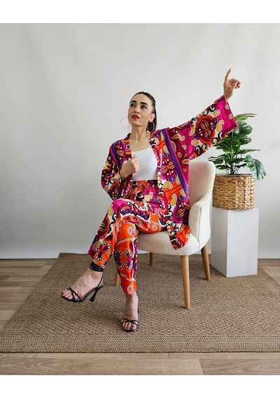 İpli Fuşya Renk Etnik Desenli Viskon Kumaş Kimono Takım Fuşya