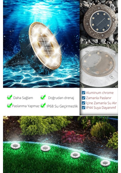 Technojet 8 Led Li Solar Bahçe Lambası 1 Adet Su Geçirmez Otomatik Sensörlü Bahçe Aydınlatma Beyaz