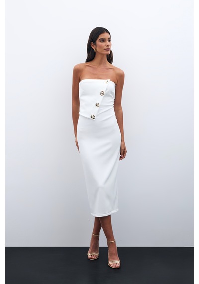 Sateen Düğme Aksesuarlı Straplez Elbise - Ekru-135537 Ekru