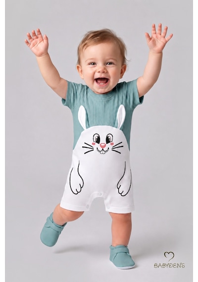 Babyden's Tavşan Baskılı Şortlu Erkek Bebek Tulum %100 Pamuk Yazlık Kısa Kollu Çıtçıtlı Yenidoğan Bebek Tulumu 0-9 Ay Açık Haki