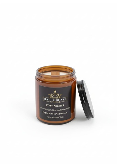 Cozy Nights Tarçın & Vanilya Kokulu El Yapımı Doğal Soya Mumu Happy Blaze Candle Amber