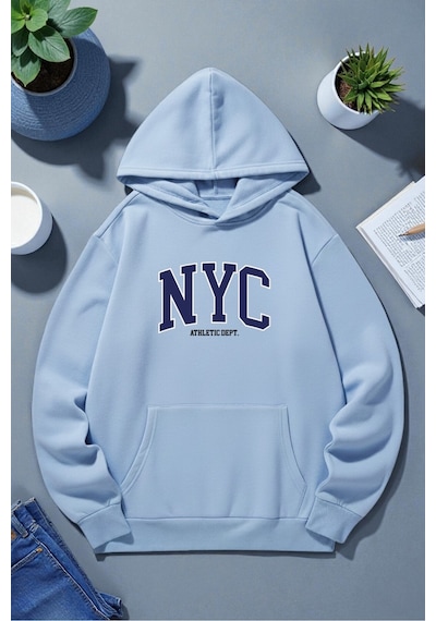 Uyguntarz Unisex Nyc Tasarım Baskılı Kapüşonlu Sweatshirt Bebe Mavisi