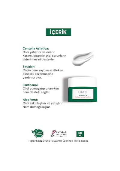 Sinoz Pure Cica Tahriş Olmuş Hasarlı Ciltlere Özel Bakım Kremi 50 ML