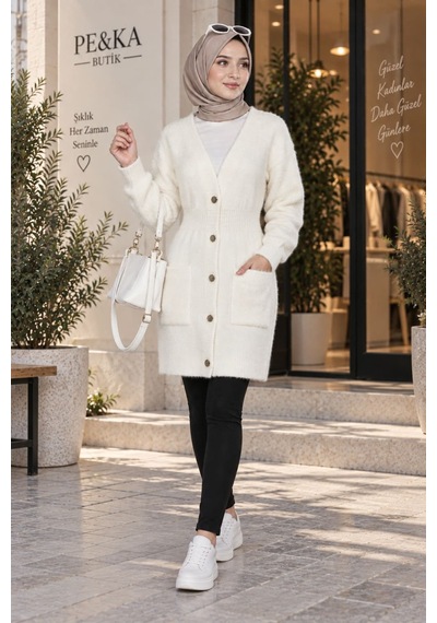 Aymiraa Kadın Angora Kumaş Beli Lastikli Uzun Tesettür Hırka Krem Krem