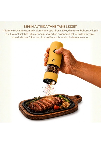 Pizen Windmill Usb Şarjlı Otomatik Baharat Öğütücü Led Işıklı Ayarlanabilir Tuz Karabiber Değirmeni Sarı