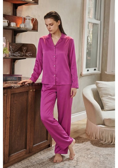 Amoris Fuşya Uzun Saten Pijama Takımı