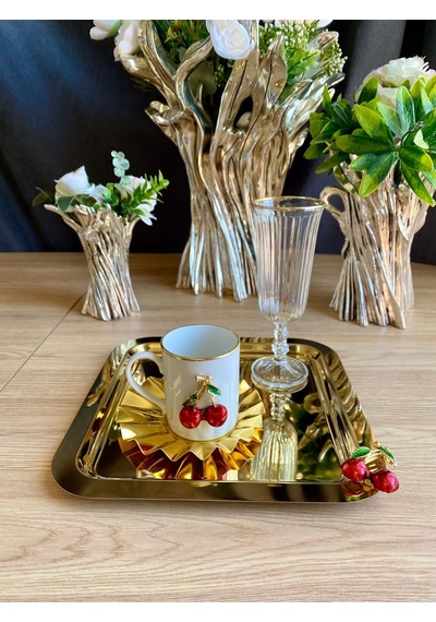 Atabey Home Collection 6 Adet Kahve & Çay & Sunum Tepsisi Gold Tepsi Kiraz Dökümlü