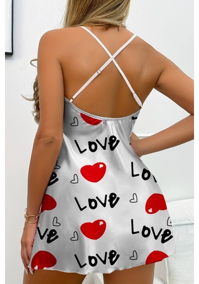 Beyaz Saten Love Desenli Gecelik Beyaz