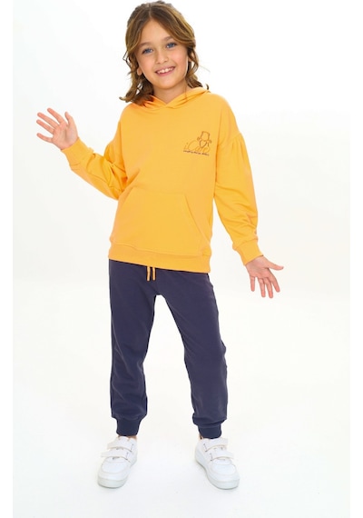 Toontoy Kids Toontoy Kız Çocuk Kapüşonlu Göğsü Yazı Baskılı Eşofman Takım Turuncu
