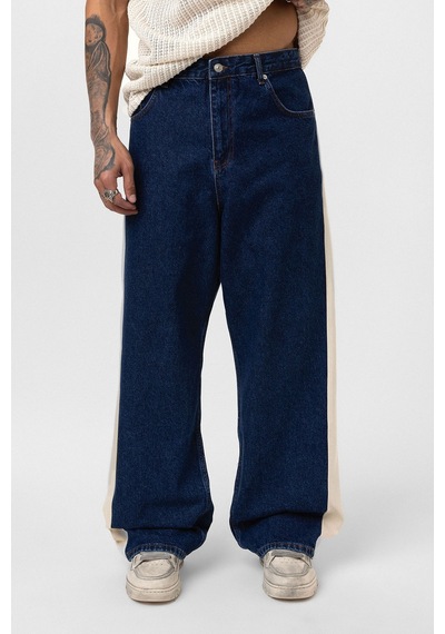 Vamos Yan Şeritli Baggy Fit Jean Mavi