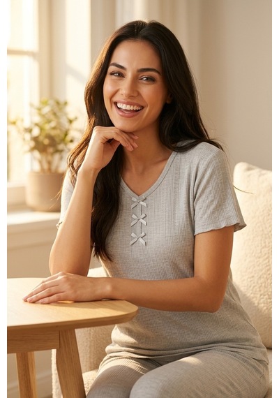 Aura Collections Kadın Bambu Viskon Transfer Ribana Kısa Kollu Düğmeli Pijama Takımı Gri
