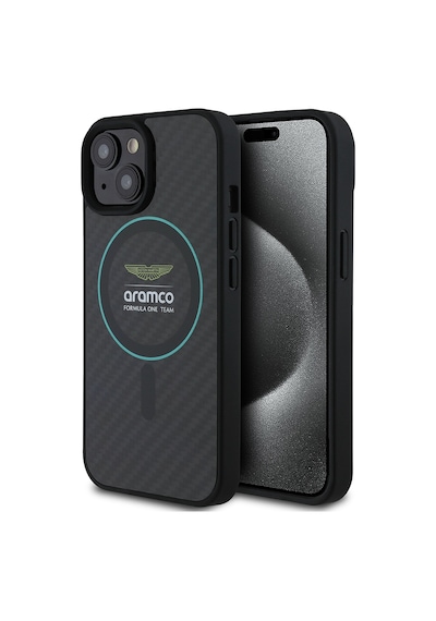 Apple Uyumlu iPhone 15 Kılıf Aston Martin Lisanslı M-safe Renkli Halka Ve Karbon Fiber Kapak Siyah-yeşil Siyah - Yeşil