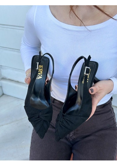 Ervanın Butiği Siyah Süet Bow Fiyonk Detay Kadın Stiletto-6092
