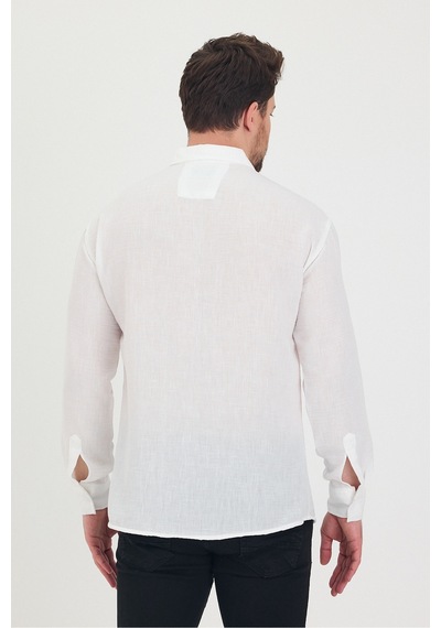 Cool Tarz Erkek Slim Fit Dar Kalıp Uzun Kol Pamuklu Keten Efekt Gömlek Beyaz Beyaz