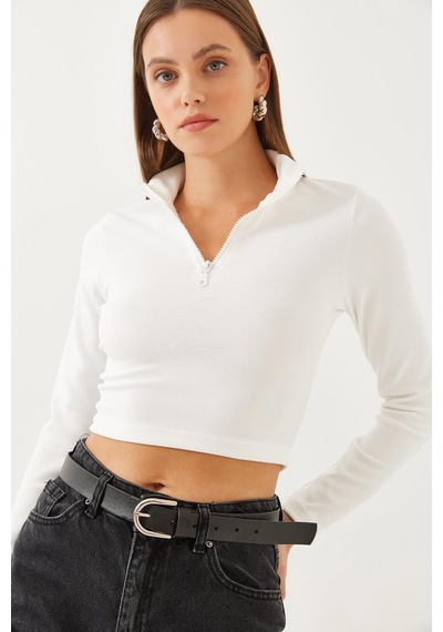 Shade Kadın Balıkçı Yaka Yarım Fermuarlı Fitilli Crop Bluz 60351019 - Beyaz