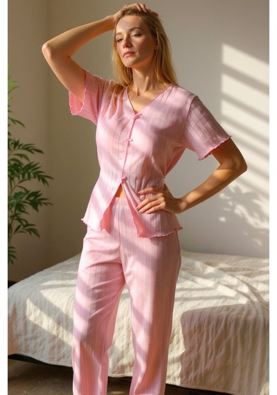 Bella Notte Mevsimlik V Yaka Pamuklu Fiyonk Detaylı Pijama Takımı Pembe