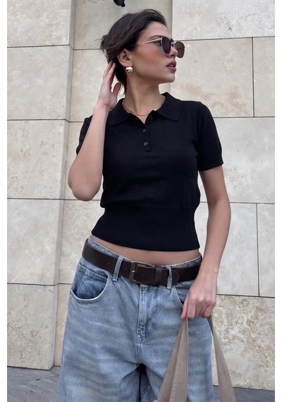 Siyah Slim Fit Polo Yaka Triko Tişört Mg2805