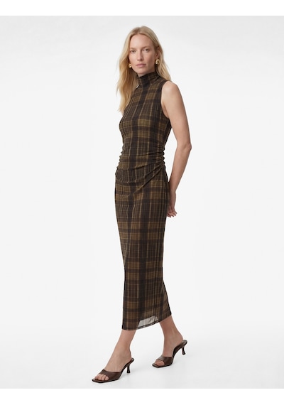 Koton Slim Fit Drapeli Dik Yaka Kolsuz Uzun Ekose Elbise Haki Desenli 6sak80059uk