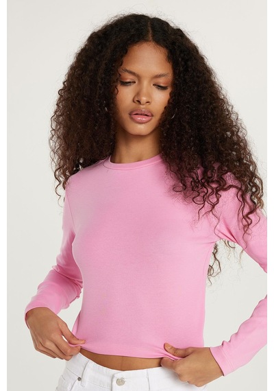 Tudors Kadın Slim Fit Dar Kesim Bisiklet Yaka Pembe Bluz-33370 Pembe