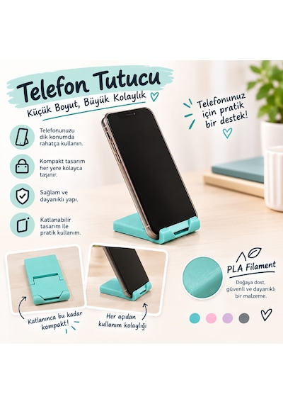 2'li 3d Baskı Katlanabilir Telefon Tutucu Ve Anahtarlık Taşınabilir Masaüstü Telefon Standı Siyah