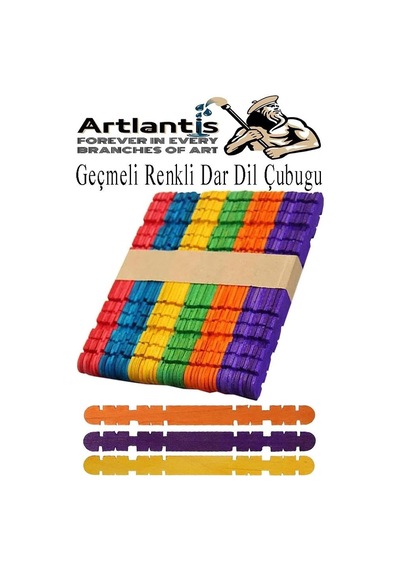 Artlantis Renkli Geçmeli Dil Çubuğu Dar 50 Li 1 Paket Çentikli Tırtıklı Geçirmeli Eklemeli Renkli Dondurma Çubu