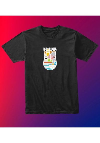 Unısex Kadın Erkek Hediye Istanbul Yedi Tepe Baskılı Çay Bardak % 100 Pamuk Tasarım T-shirt Siyah