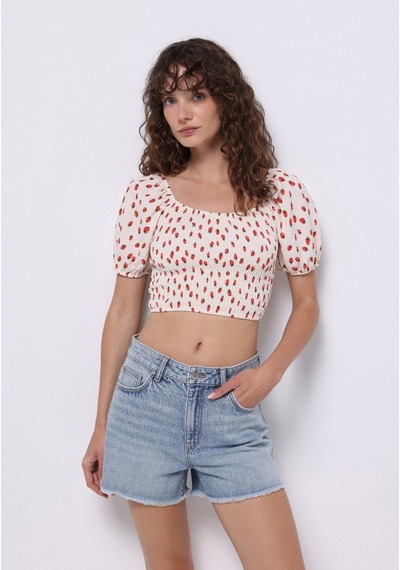 Colins Slim Fit Kare Yaka Baskılı Kadın Ekru Balon Kol Tişört Cl1074581 Q1.v1 Ecr Ekru
