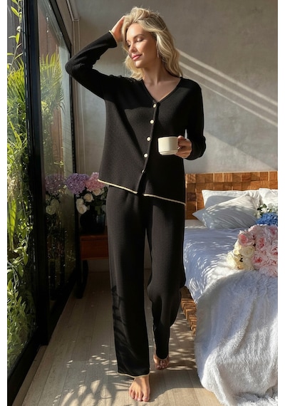 Epilons Zenviaatt2 Premium Kadın Fitilli Pijama Takımı Siyah Gold Biye Detaylı, Yumuşak Dokulu Ev Şıklığı Zenvi312