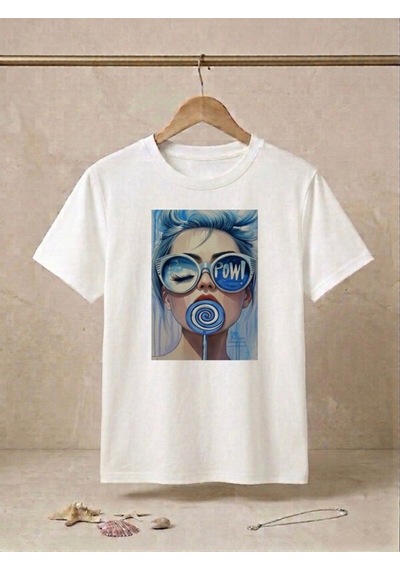 Kadın Beyaz Oversize Pop Art Baskılı T-shirt Pow Tasarımlı Beyaz