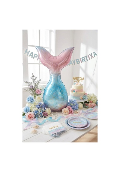 Denizkızı Kuyruğu Balon Stand Seti Şeffaf 7 Li Stand + Denizkızı Kuyruğu Folyo Balon Pembe-mavi + 7 Lateks Balon Pembe - Mavi