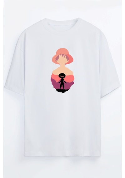 One Piece - Hasır Şapka - Luffy Anime Unisex Siyah - Beyaz Oversize T-shirt Beyaz