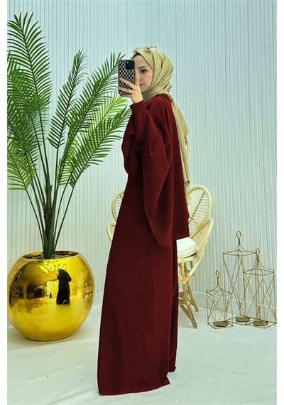 Neşeli Butik Kadın Pelerinli Kemer Detaylı Tesettür Tulum Nms061 Bordo