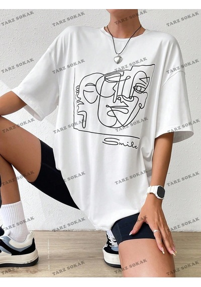 Startmore Unisex Bay Yaz Beyaz Y2k Soyut Şekil Grafik Damla Omuz Tee Grafik Gömlek Kod-1360 Beyaz