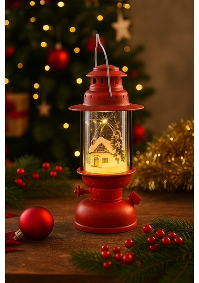 Yılbaşı Ledli Fener 14 Cm - Kırmızı Işık Gaz Lambası Desenli Dekoratif Masa Ve Ağaç Süsü Diğer