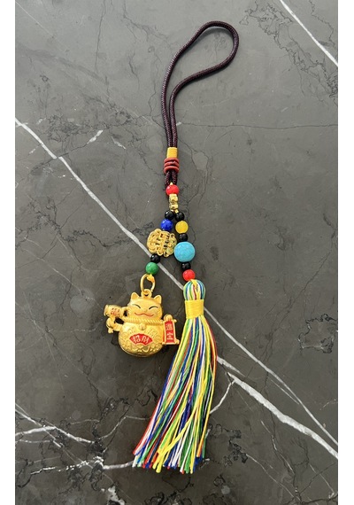 Feng Shui Bereket Ve Şans Kedisi Asılabilir Dekor /maneki Neko Gold Püsküllü Araba Aynası Süsü 1 Adet